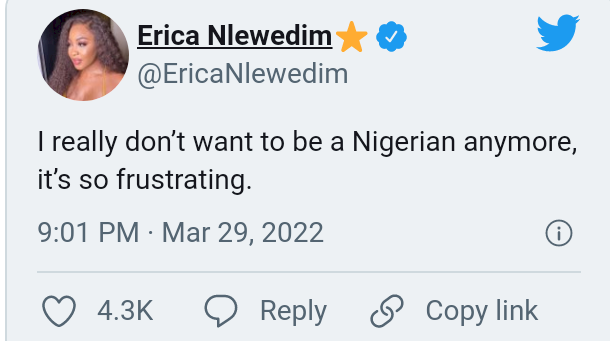 'I don't want to be a Nigerian anymore' - Erica Nlewedim reveals why