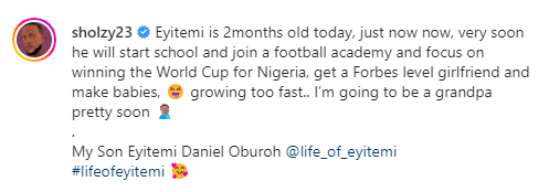 Omashola reveals future plans for son, Eyitemi, as he clocks two months old