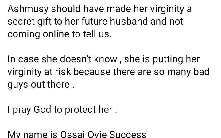 'Being a virgin doesn't make you a wife material' - Ovie Ossai roundly berates Ashmusy over virginity claims
