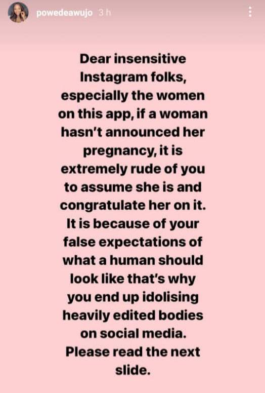It is rude to assume a woman is pregnant and congratulate her on it - Former beauty queen, Powede Awujo calls out insensitive Instagram users