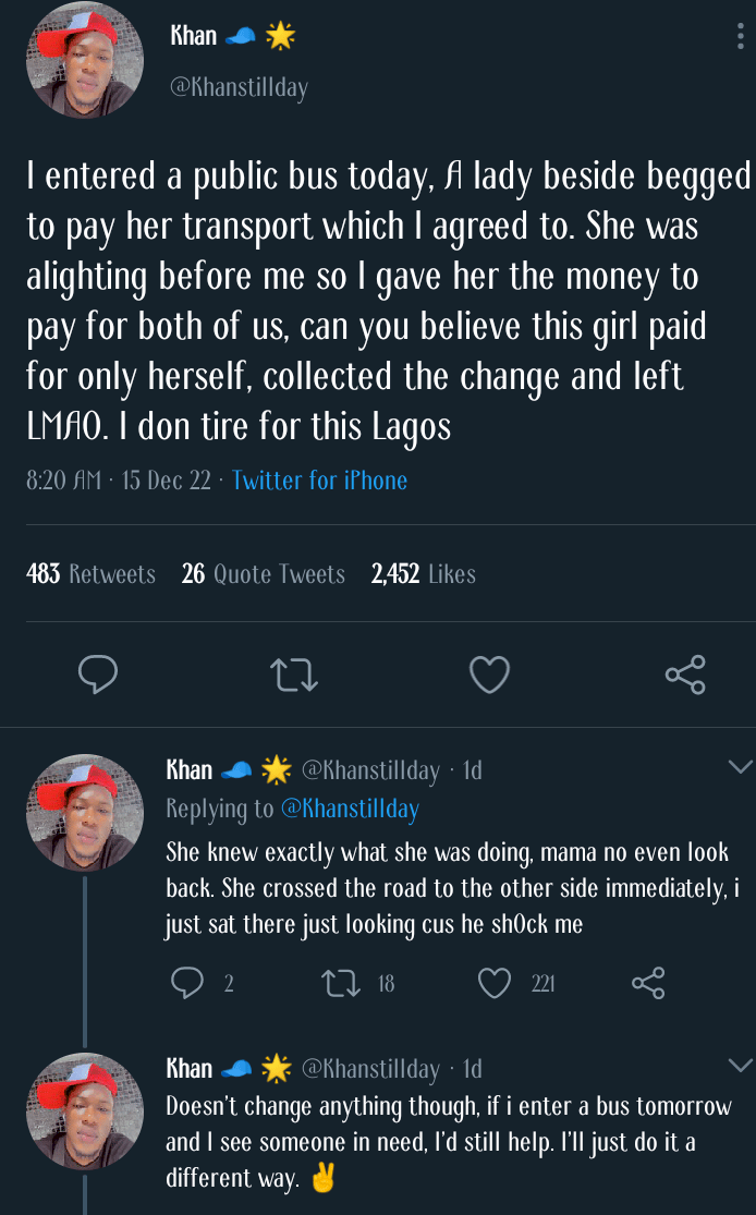 'I don tire for this Lagos' - Man who offered to pay transport for lady shocked as she disappears with his money