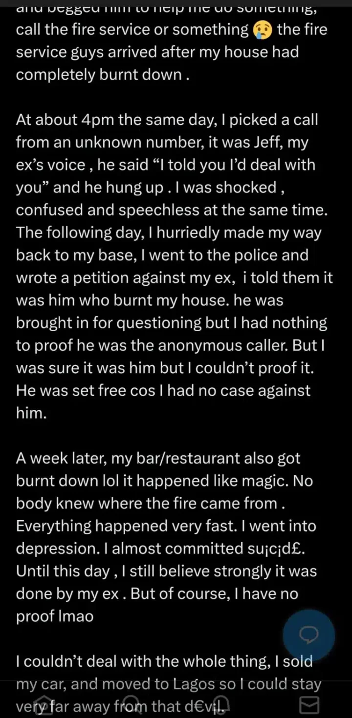 Lady narrates experience as ex-lover burns her 4-bedroom apartment and bar after she calls off engagement