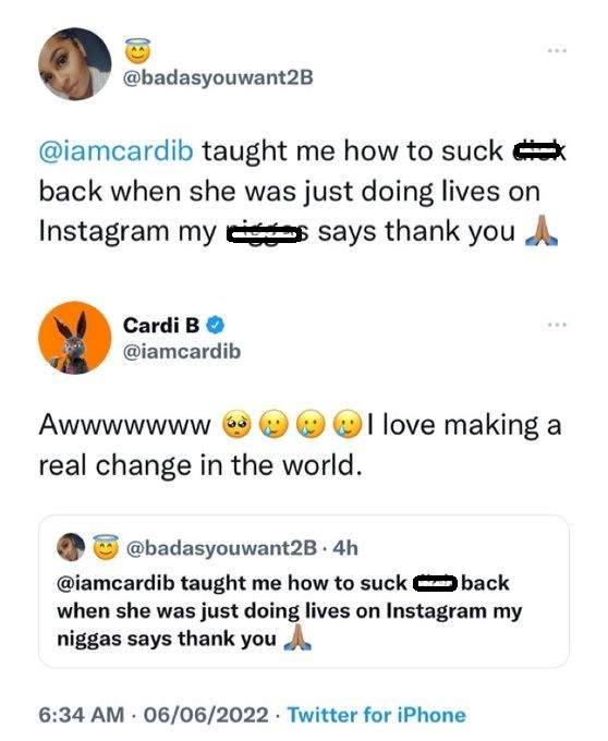  Rapper Cardi B replies female fan who gave her credit for teaching her?how to suck d**k?