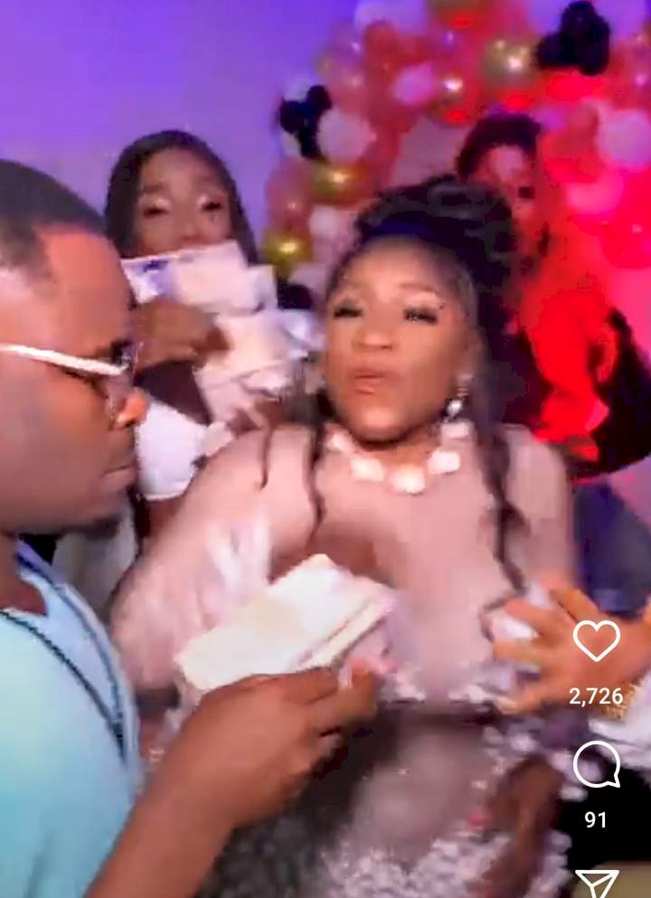 Moment Destiny Etiko bursts with joy as Zubby Michael showers her with bundles of cash at her birthday party (Video)