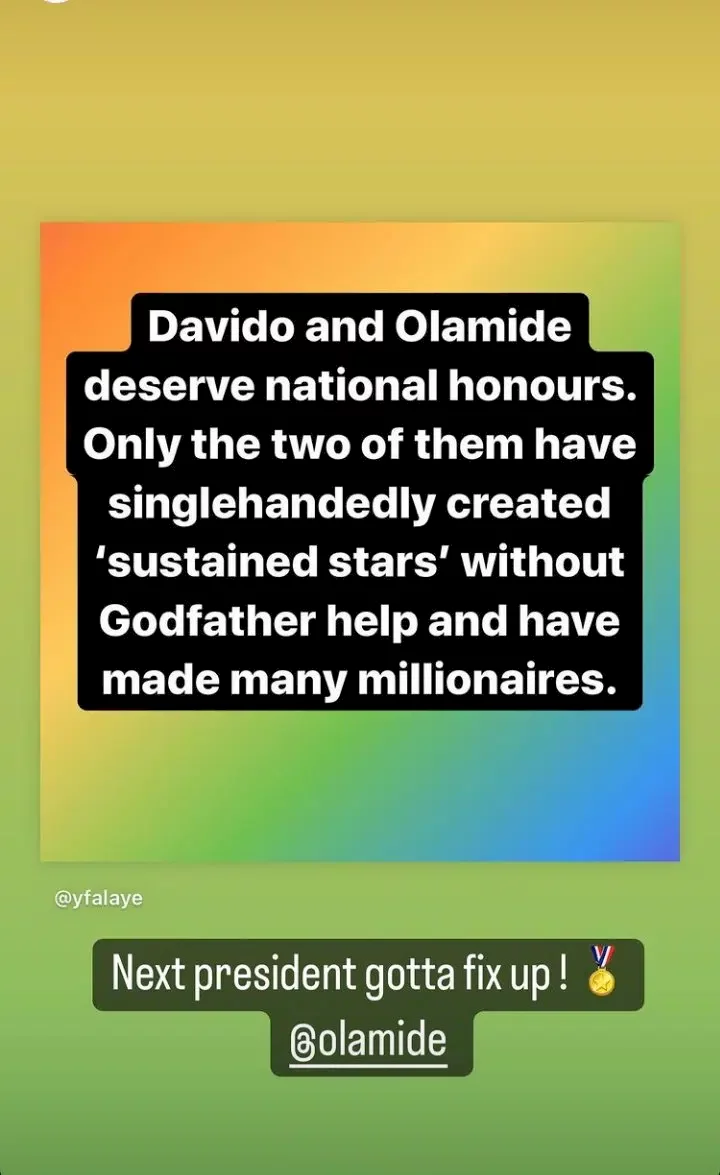 Davido agrees with many reasons Olamide deserves national honour; hints at what he expects from next president