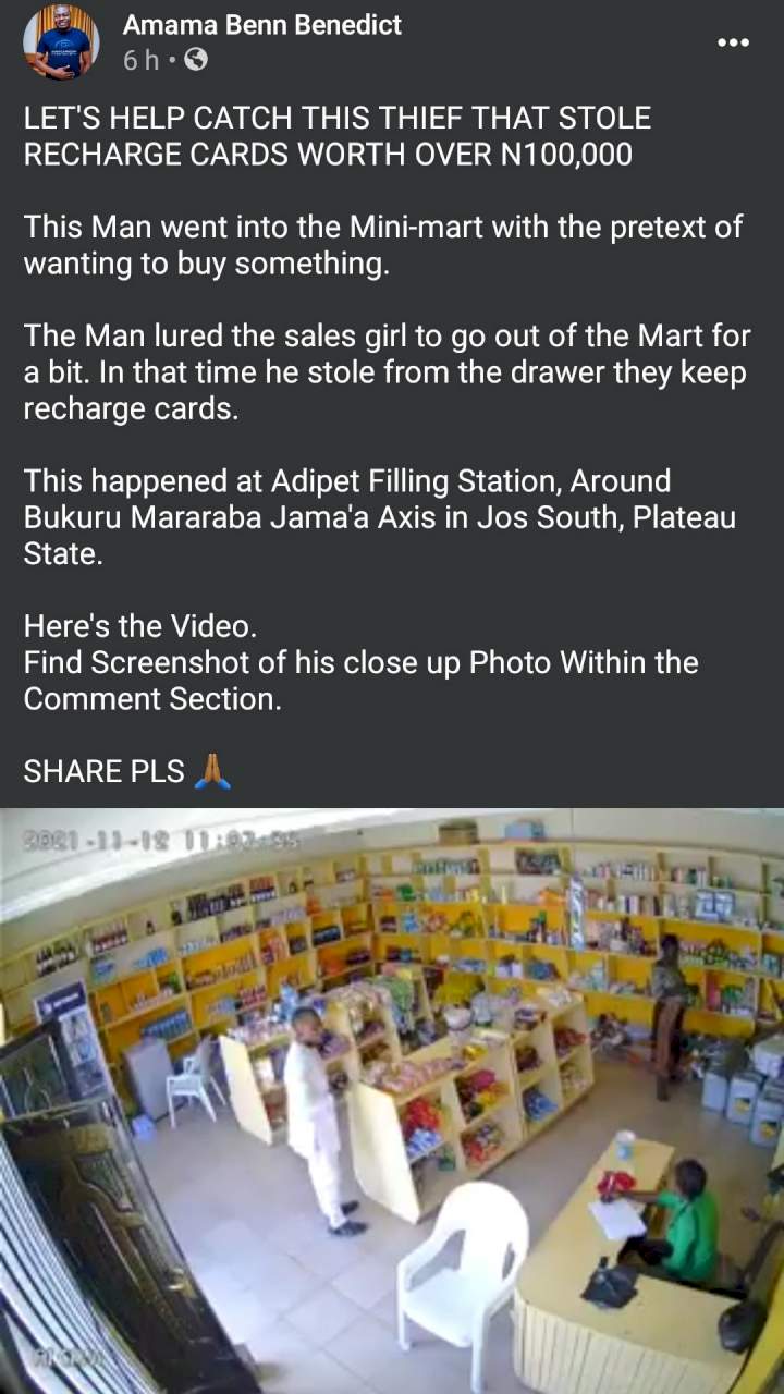 Moment man distracts shopkeeper and steals 100,000 Naira worth of recharge cards from a store in Jos (video)