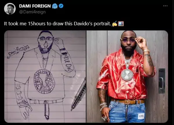 'It took me 15 hours' - Fan draws a spectacular portrait of Davido, netizens react