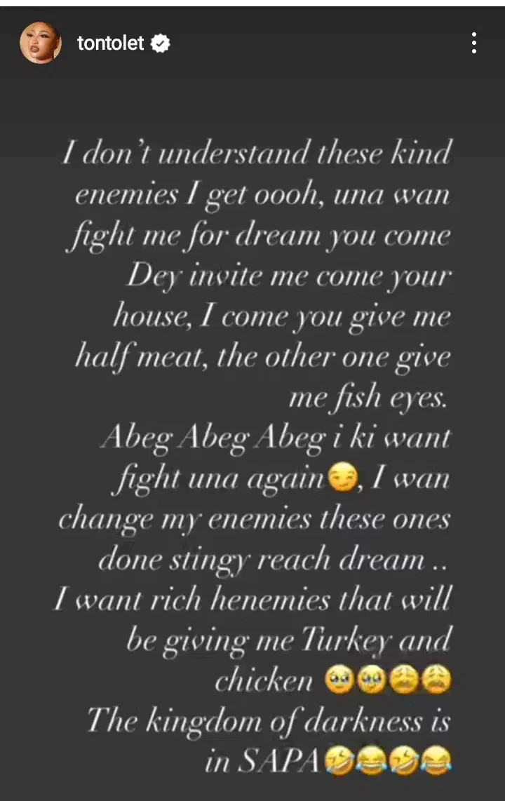 'I want rich enemies' - Tonto Dikeh says after she had a dream about stingy enemies