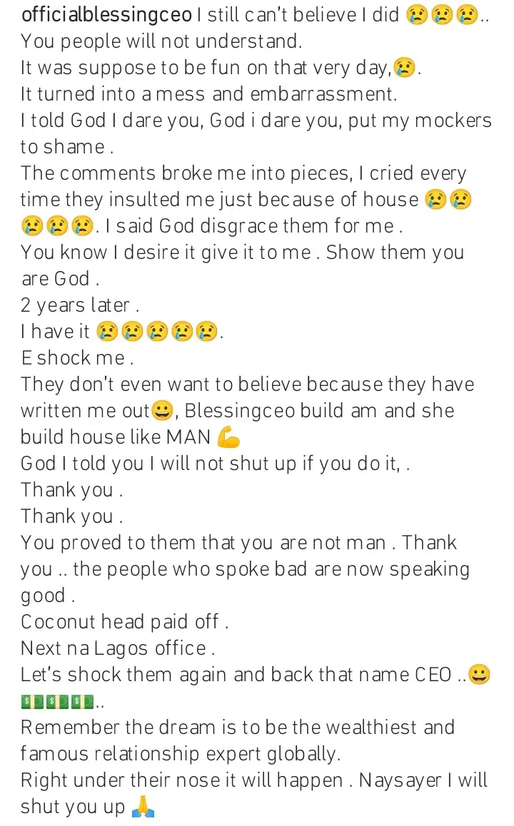 'The comments broke me, I cried every time they insulted me' - Blessing Okoro recounts horrible experience