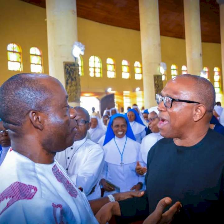Peter Obi and Soludo hug at a thanksgiving ceremony days after the Anambra state Governor criticized Obi publicly