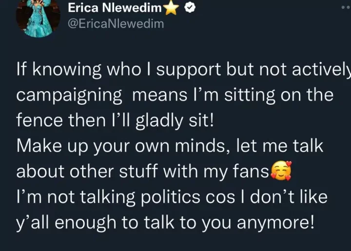 2023 Elections: Erica silences naysayers who constantly quiz over who she supports