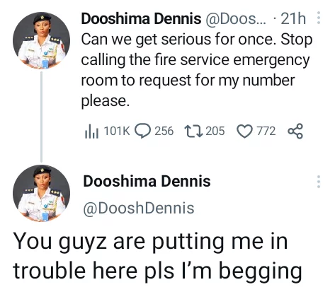'Please stop calling fire service emergency room to request for my number. You are putting me in trouble