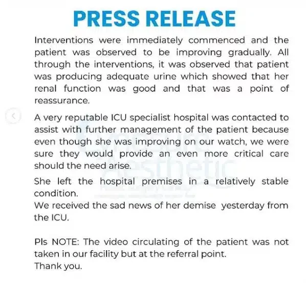 Plastic Surgery: Hospital releases statement following death of 20-year-old lady