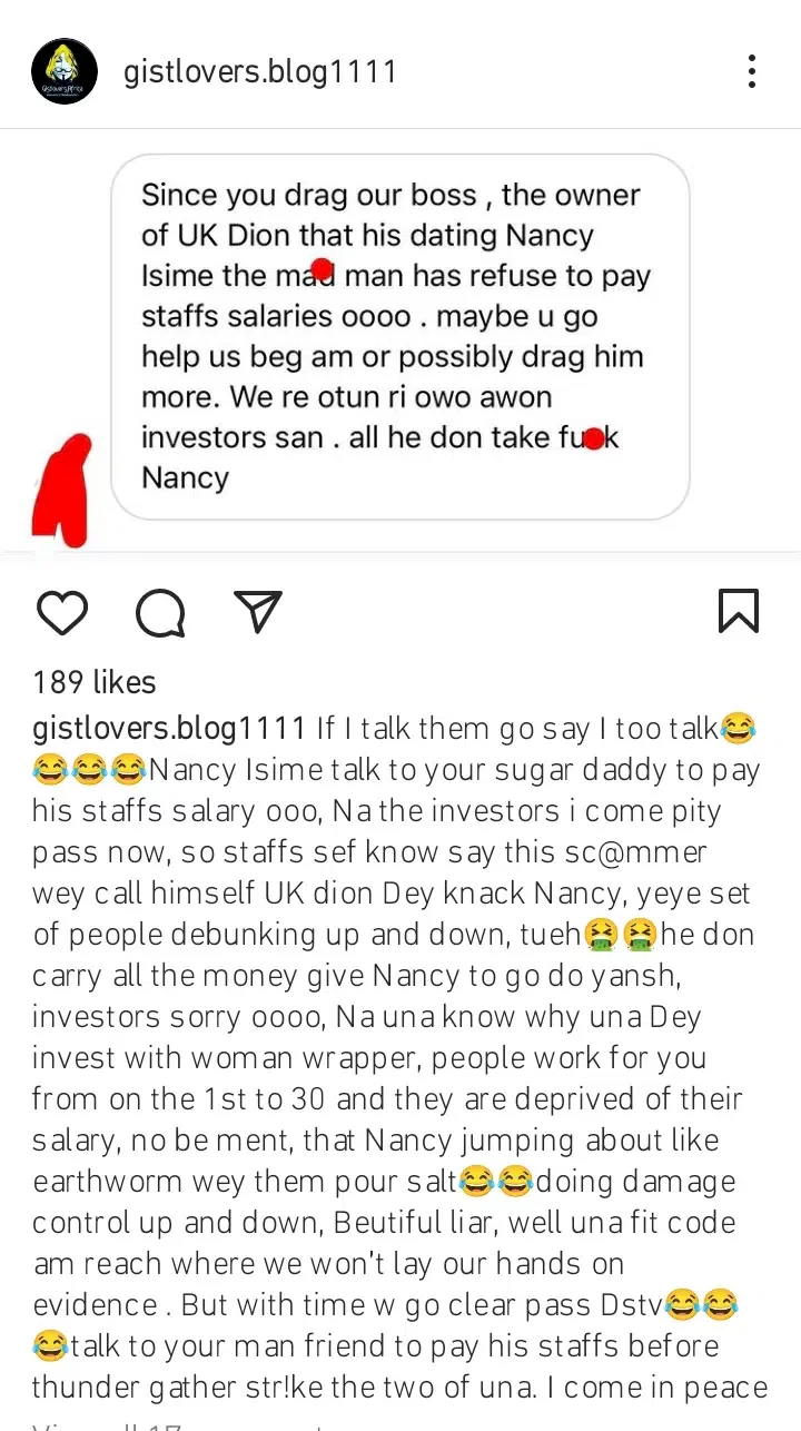 Nancy Isime's alleged sugar daddy called out for debts, investing staff's salary on actress' plastic surgery