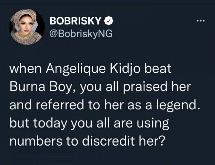 'When Angelique Kidjo beat Burna Boy, you all praised her' - Bobrisky addresses double standard over Wizkid's Grammy loss