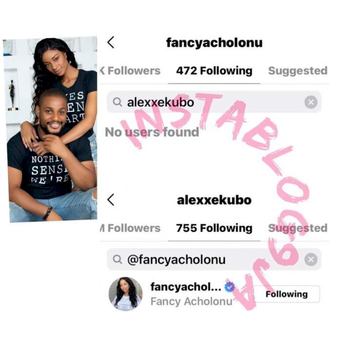 Alex Ekubo's fiancée, Fancy Acholonu unfollows him and deletes their joint Instagram page amidst breakup rumors