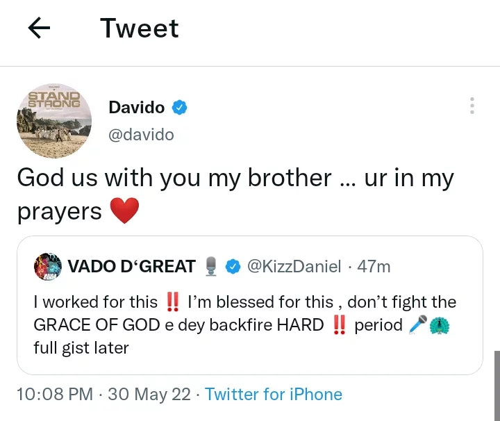 I am praying for you - Davido reacts as Kizz Daniel shares cryptic post