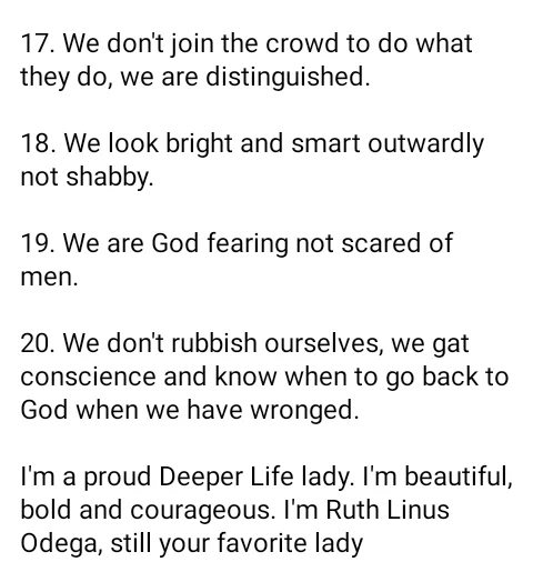 'We don't please men with our bodies but wait till the appointed time' - Deeper Life lady lists '20 facts' about godly female members of her church