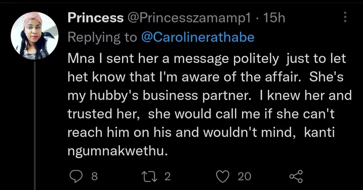 Lady shares her experience after confronting husband's business partner over affair with her husband