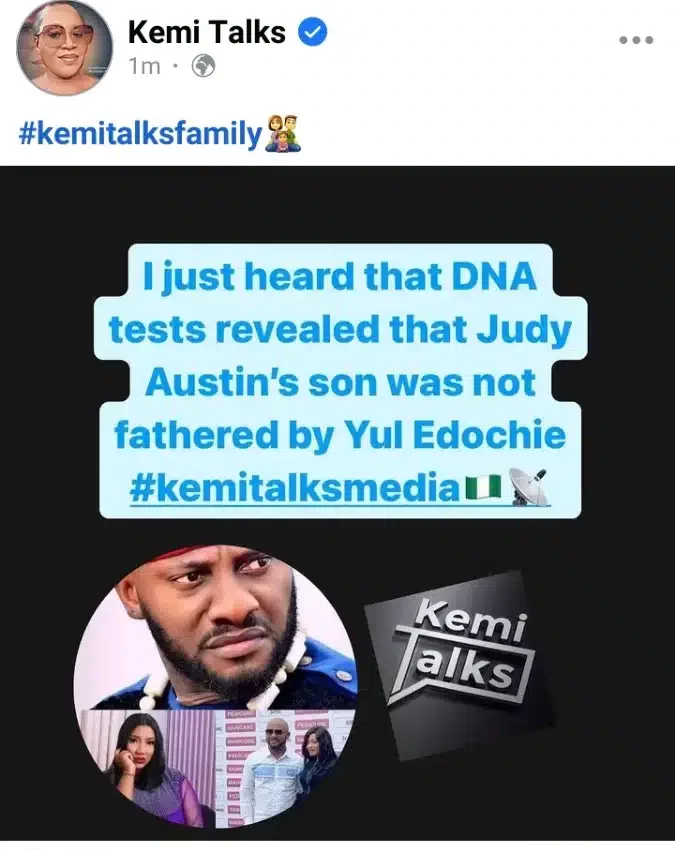 'DNA Test reveals Yul Edochie is not the father of Judy Austin's son' - Kemi Olunloyo