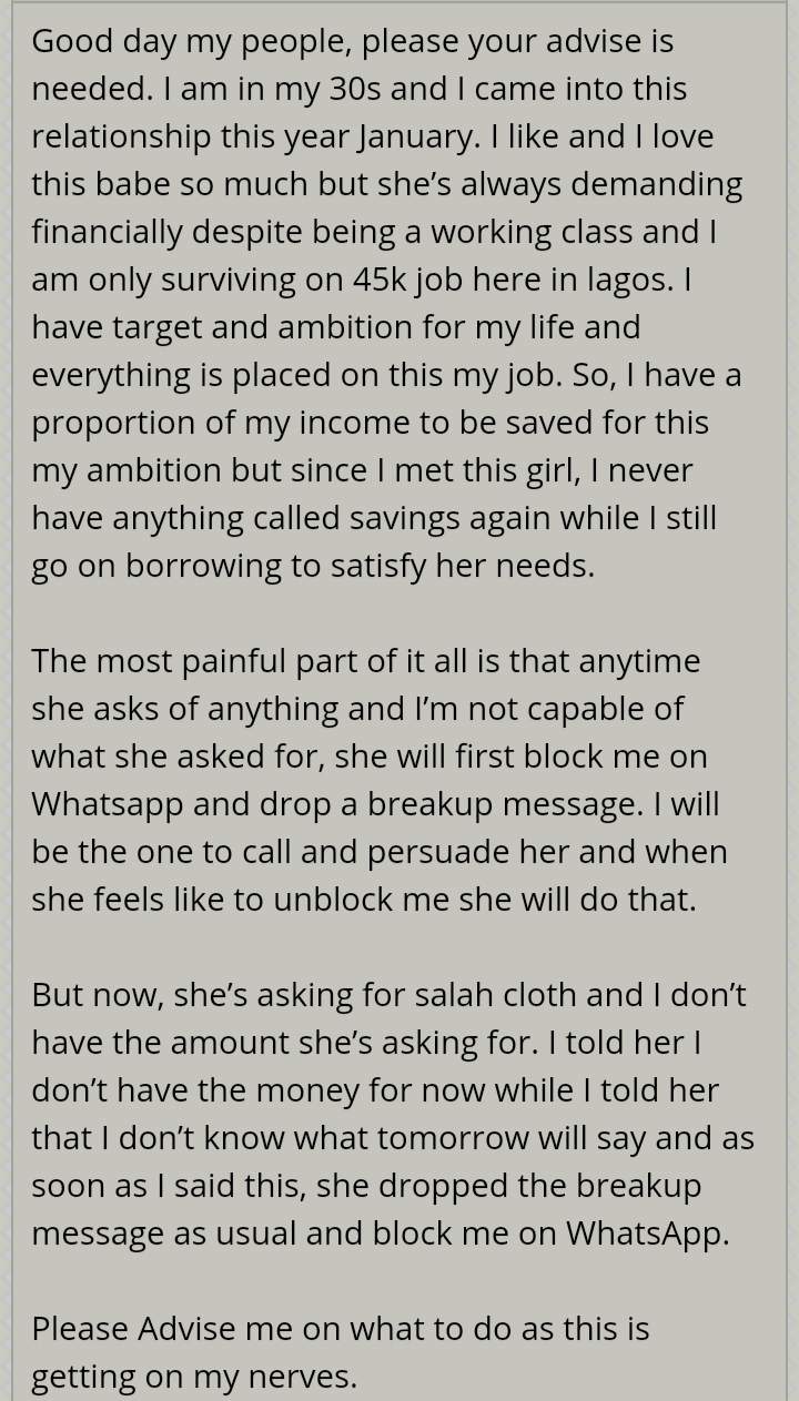 'My lover blocks me on WhatsApp, drops breakup message when i don't give her money' - Man laments