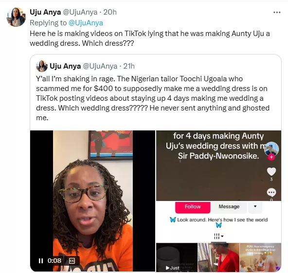 American professor, Uju Anya calls out Nigerian tailor for scamming her of $400 for wedding dress