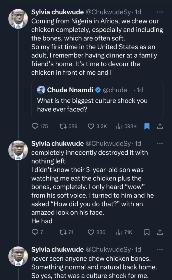 Nigerian man shares how he shocked his caucasian family friend by intensively chewing chicken bone