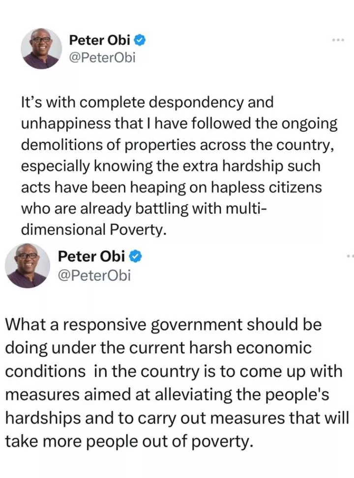 Peter Obi condemns demolition of houses in Lagos and other parts