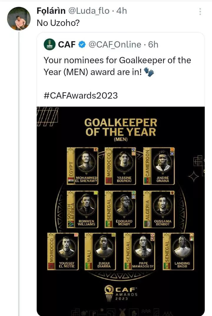 'Where's Uzoho?' Nigerians ask as CAF releases Goalkeeper of the Year nominees