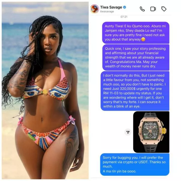 'I need $320K urgently for Richard Mille watch' - Beggar with a choice DMs Tiwa Savage, shows how money can be sent to him