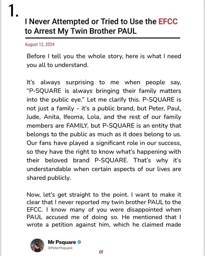 Peter Okoye strikes again with fresh open letter; counters Paul's EFCC arrest claims; exposes Jude, his wife