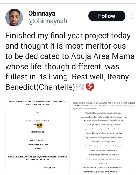 UNICAL law student dedicates his final year project to slain Abuja cross-dresser