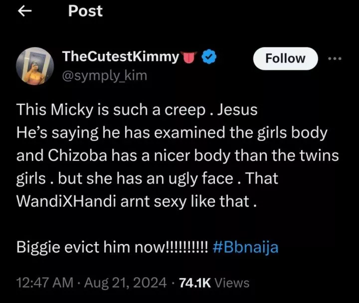 BBNaija: Viewer begs Big Brother to evict Mickey after he compares Wanni X Handi and Chizoba's bodies