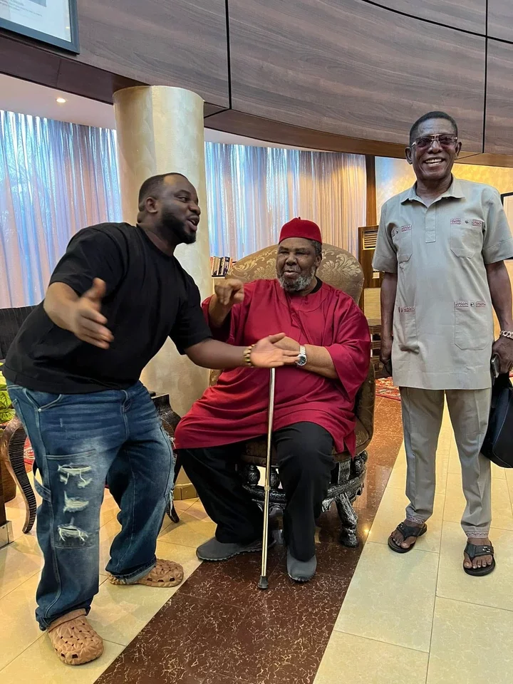 Reactions as Oga Sabinus shares photo himself spending time with Pete Edochie and Osuofia