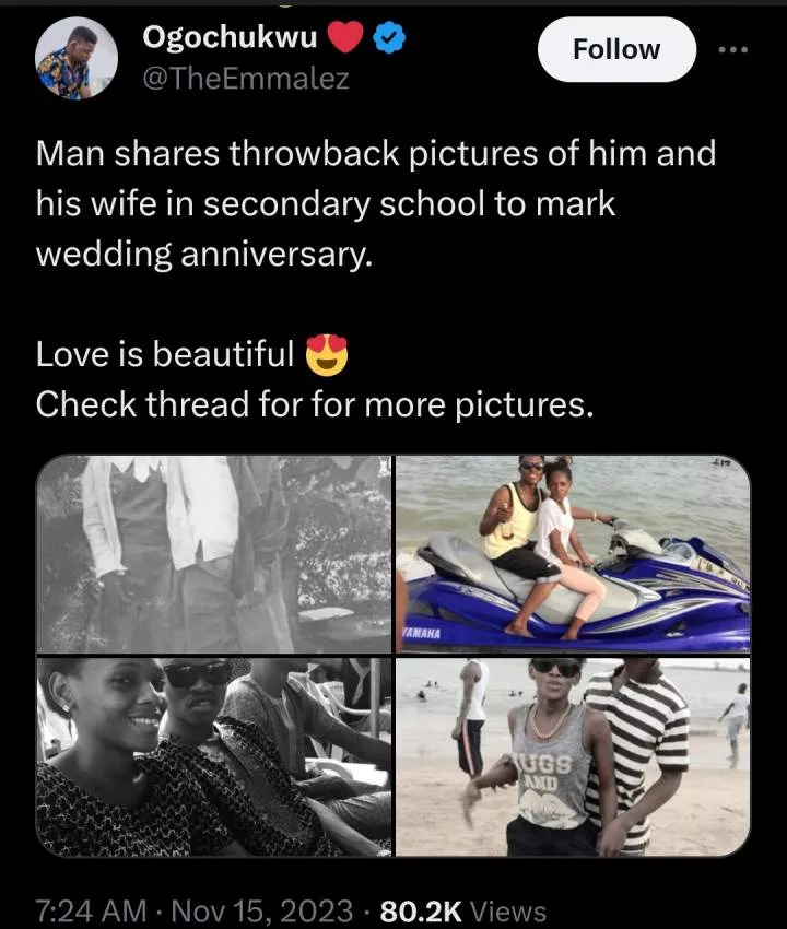 'Love is beautiful' - Man shares throwback pictures of himself, wife from secondary school to mark wedding anniversary