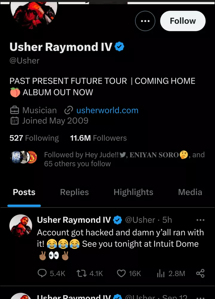 'My account got hacked' - Usher says as fans link him to his mentor Diddy after ''hackers'' deleted his tweets on X