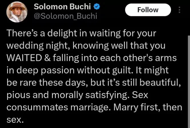 'Why you should wait for your wedding night before having sex' - Solomon Buchi