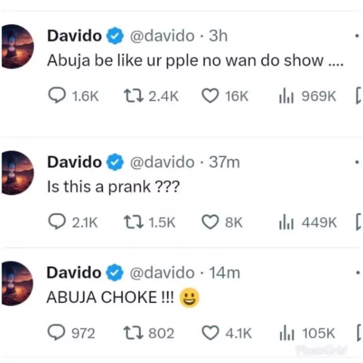 'Is this a prank?' - Davido express shock after Abuja residents refused to turn up for his concert (Video)