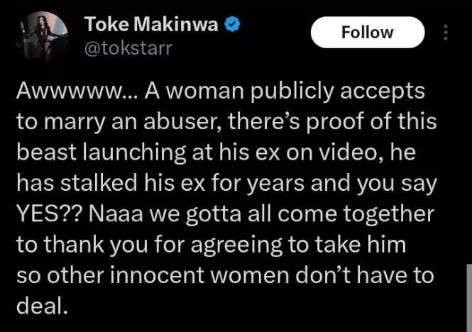 Toke Makinwa reacts as Nigerian man who went viral for assaulting his ex gets engaged