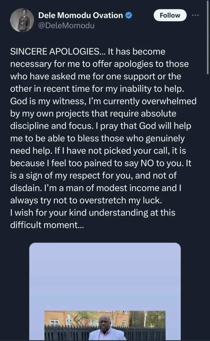 'If I have not picked your call, it is because I feel too pained to say No' - Dele Momodu sends note of apology to all those he cannot assist