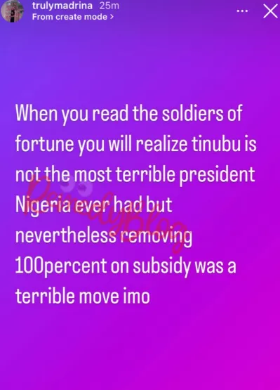 'Tinubu is not the most terrible Nigerian president' - Cynthia Morgan