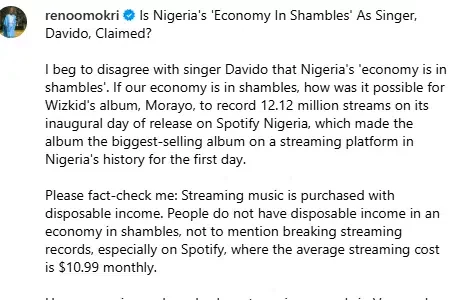 Reno Omokri slams Davido over recent statement that country's economy is in shambles