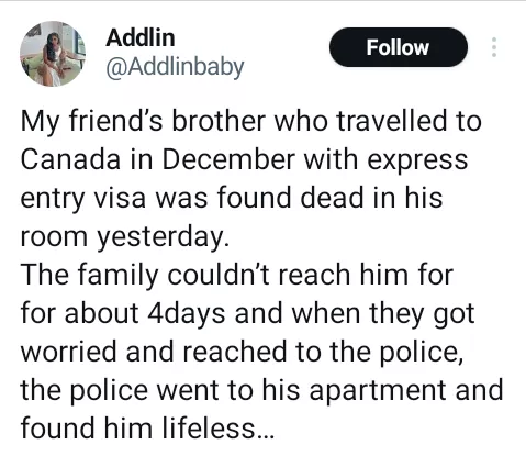 Nigerian man found dead in his apartment two months after arriving Canada; his phone and laptop missing