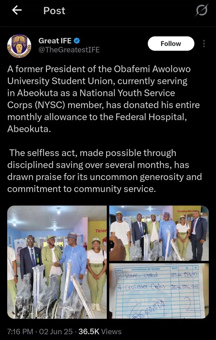 Youth corps member donates full NYSC allowance to federal hospital in Abeokuta