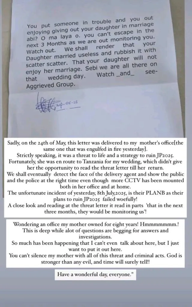 Priscilla Ojo releases threat letter delivered to her mother's office