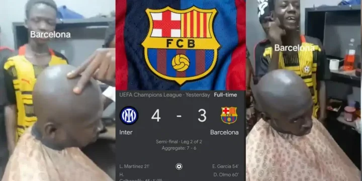 Barcelona fan keeps promise, gets hair shaved after team fails to beat Inter in champions league semifinal Barcelona fan keeps promise, gets hair shaved after team fails to beat Inter in champions league semifinal