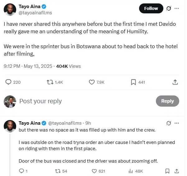 Tayo Aina shares act of kindness received from Davido while stranded in Botswana