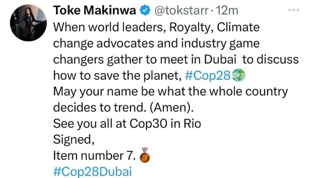 Toke Makinwa reacts after Nigerians dragged her for being in President Tinubu's COP28 delegation in Dubai