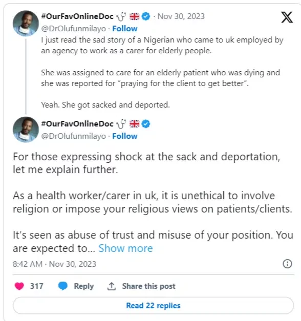 'She has been deported from UK' - Nigerian nurse sacked abroad for praying for patient