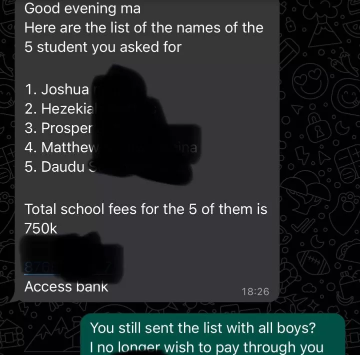 Purported chat between a lady who wanted to sponsor indigent students